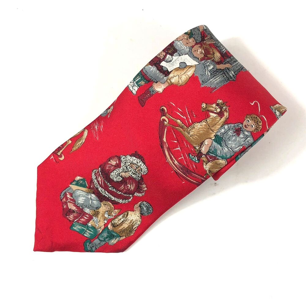 Wembley 100% Silk Christmas Tie Red Santa Children Carolers Rocking Horse USA